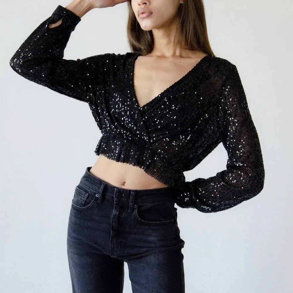 Sheer Sequin Ruffle Hem Crop Top | Q2 - Picture 1 of 5